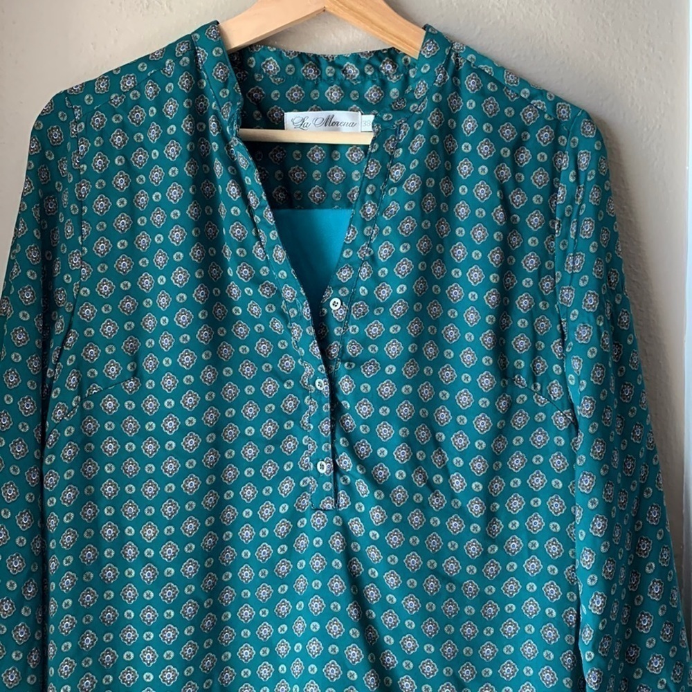 LA MORENA Green Printed Long Sleeve Mini Oversized Shirt Dress